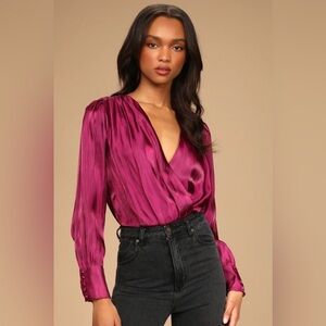 Lulus Love Interest Magenta Satin Long Sleeve Surplice Bodysuit Size S NWT